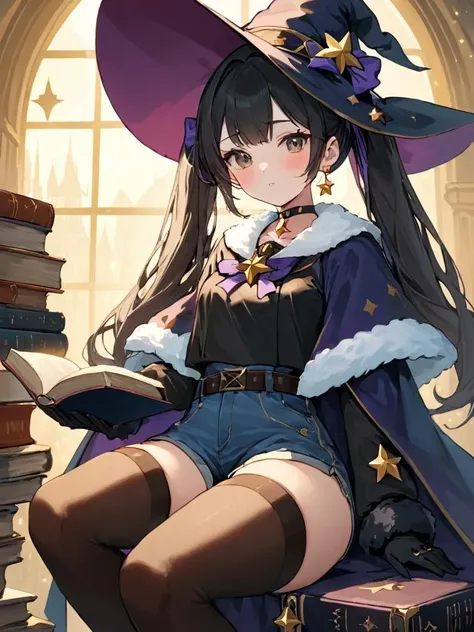 high quality, girl, twintail hair, blush, witch hat, high socks, legs, book, coffee, aesthetic lighting, good lighting, realistic lighting, good composition, ultra detailed, detailed eyes, monastarpact