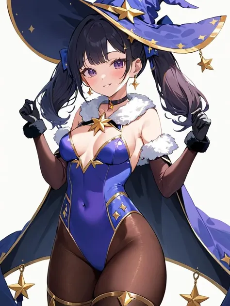 ultra-detailed,(best quality),((masterpiece)),(highres),original,extremely,<lora:monax_xl:1>,mona, 1girl, solo, hat, witch hat, twintails, breasts, leotard, gloves, smile, pantyhose, looking at viewer, jewelry, earrings, black gloves, thighlet, choker, blush, white background, blue leotard, simple background, medium breasts, purple headwear, cape, gold trim, purple leotard, closed mouth, cowboy shot, bodystocking, detached sleeves, covered navel, blue headwear, long sleeves, star earrings, star (symbol), fur collar, hair ornament, capelet
