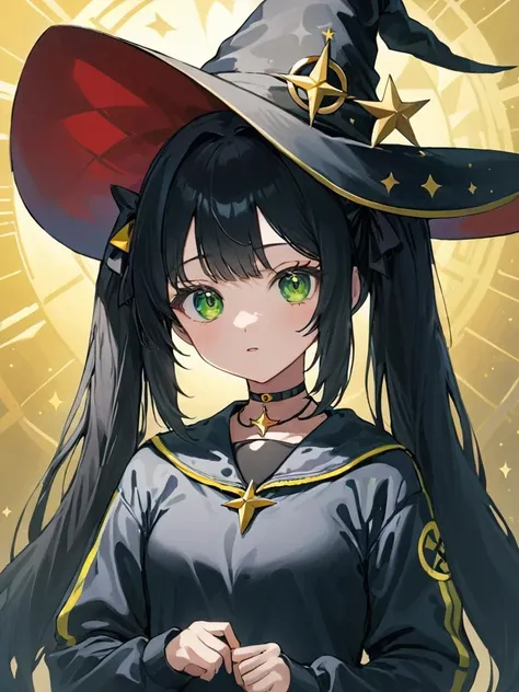 ultra-detailed,(best quality),((masterpiece)),(highres),original,extremely,<lora:monax_xl:1>,mona, 1girl, twintails, long hair, witch hat, black hair, choker, jewelry, csleeves, star (symbol), hat ornament, green eyes, tracksuit