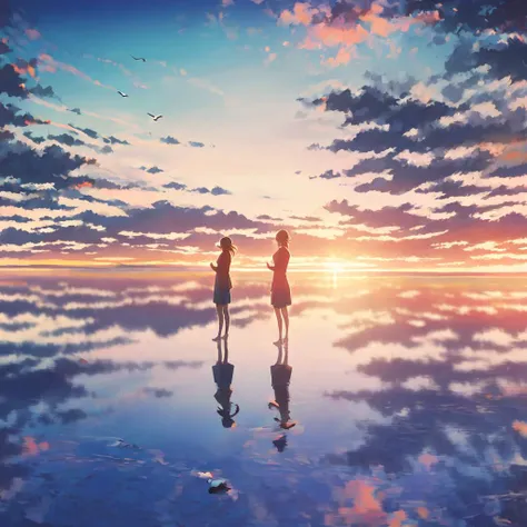 1girl, beach, bird, blue sky, cloud, cloudy sky, condensation trail, day, hill, horizon, mountain, mountainous horizon, ocean, outdoors, scenery, shore, sky, solo, sunrise, sunset, twilight, water, waves, wind, <lora:Uyuni Salt Flat-v1:1>