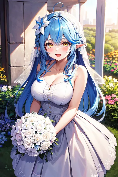 masterpiece, best quality, highres, 1girl, aalamy, long hair, streaked hair, ahoge, braid, hair flower, wedding dress, white dress, bridal veil, (bouquet:1.2), holding bouquet, smile, tears, open mouth, garden,