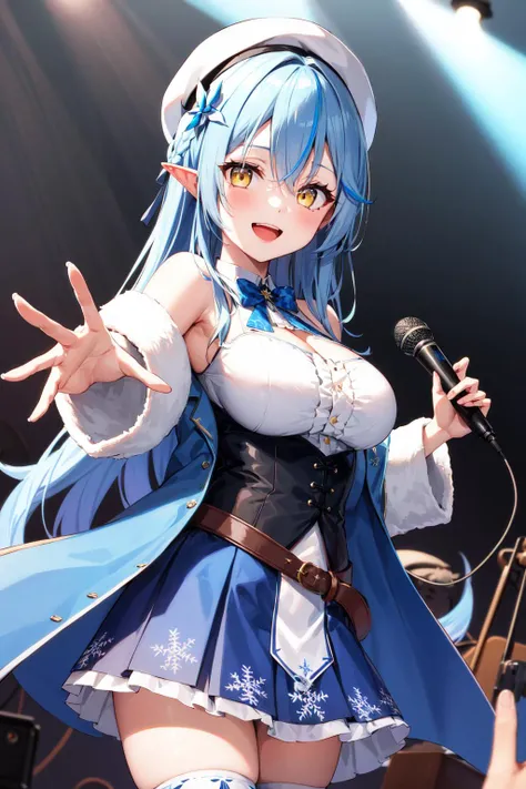 masterpiece, best quality, highres, 1girl, aalamy, long hair, streaked hair, ahoge, braid, beret, white headwear, hair flower, blue bowtie, cleavage, clothing cutout, white shirt, off shoulder, sleeveless, black corset, blue coat, snowflake print, fur-trimmed coat, open clothes, white thighhighs, brown belt, blue skirt, <lora:yukihana_lamy_v1:0.7>, cowboy shot, standing, holding microphone, smile, open mouth, stage, reaching out,