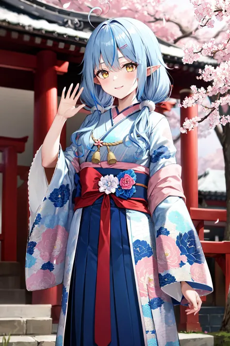 masterpiece, best quality, highres, 1girl, bblamy, low twintails, streaked hair, ahoge, hairclip, japanese clothes, blue kimono, print kimono, blue hakama, floral print, long sleeves, sleeves past wrists, sash, hakama skirt, <lora:yukihana_lamy_v1:0.8>, outdoors, smile, standing, cowboy shot, waving, shrine, tree, petals,