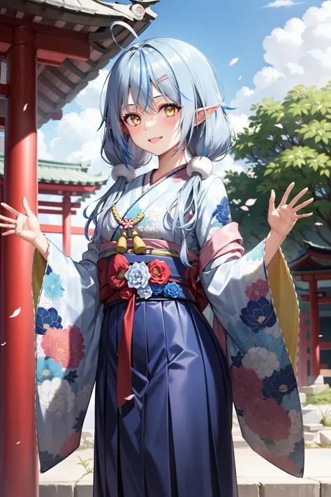 masterpiece, best quality, highres, 1girl, bblamy, low twintails, streaked hair, ahoge, hairclip, japanese clothes, blue kimono, print kimono, blue hakama, floral print, long sleeves, sleeves past wrists, sash, hakama skirt, <lora:yukihana_lamy_v1:0.8>, outdoors, smile, standing, cowboy shot, waving, shrine, tree, petals,