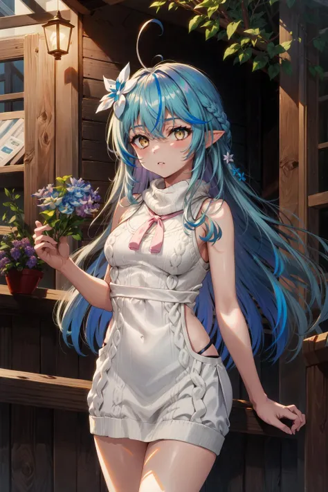 masterpiece, best quality, highres, 1girl, aalamy, long hair, streaked hair, ahoge, braid, hair flower, <lora:yukihana_lamy_v1:0.8>, virgin killer sweater, (sleeveless:1.3), cowboy shot, outdoors