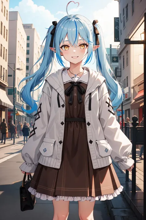 masterpiece, best quality, highres, 1girl, ddlamy, twintails, streaked hair, ahoge, hair ribbon, black ribbon, jewelry, plaid, frills, brown dress, white cardigan, open clothes, long sleeves, sleeves past wrists, <lora:yukihana_lamy_v1:0.8>, standing, cowboy shot, street, smile,