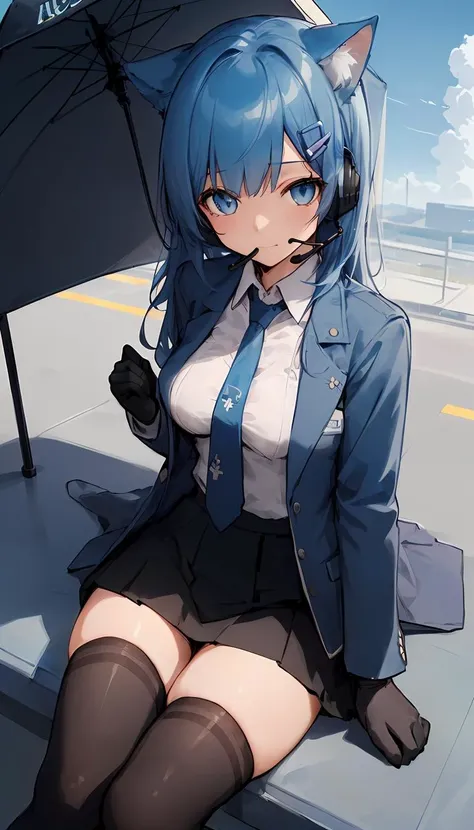 ((highly detailed, extremely detailed CG unity 8k wallpaper, illustration, highres, absurdres, beautiful detailed eyes, finely detailed breasts, highly detail hair)), ((masterpiece)),
((beautiful detailed eyes)),(Transparent underwear),1girl,short hair with long locks,blush,
outdoors,sky,cloud
1girl,solo,medium breasts,
standing,full body
looking at viewer,
bangs, blush,closed mouth, blue eyes, blue hair, long hair, hairclip
thighhighs,skirt, blue hair ornament,headset, necktie, looking at viewer, black thighhighs, jacket, gloves, personification,
<lora:bing-000003:1>