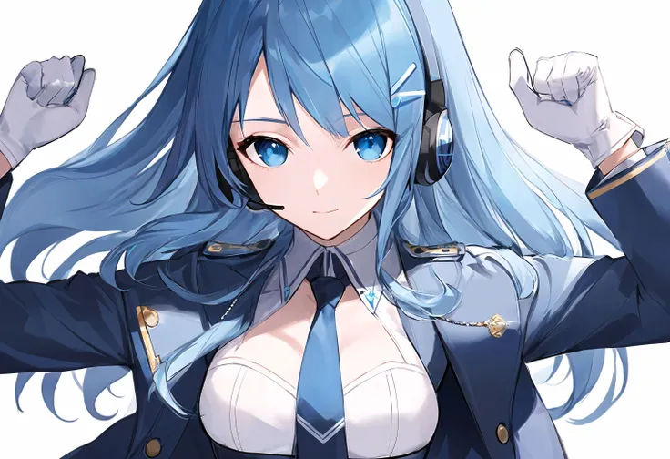 ((highly detailed, extremely detailed CG unity 8k wallpaper, illustration, highres, absurdres, beautiful detailed eyes, finely detailed breasts, highly detail hair)), ((masterpiece)),
(1girl,solo:1.4)16 years,medium breasts,
looking at viewer,standing (expressionless),closed mouth
upper body,medium body
blue eyes,blue hair, bangs, long hair, hair ornament, gloves, necktie,white gloves,hairclip, headset,uniform,jacket,
 <lora:bing-000003:1:quhuafeng>
(simple background,white background),