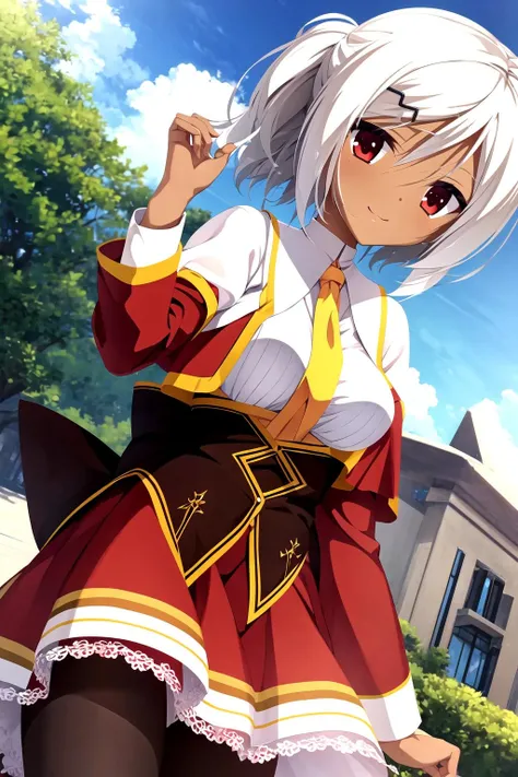best quality, ultra-detailed, an extremely delicate and beautiful, high resolution, extremely detailed CG, masterpiece,
<lora:amairo_V1_0-000015:0.8>,
yuzu soft, amairo, hinomiya konoka, 1girl, solo, dark-skinned female, dark skin, red eyes, hair ornament, white hair, short hair, hairclip,
necktie, skirt, school uniform,
dynamic pose,cowboy shot,
light smile,
walking,
<lora:outline:-0.5>,
