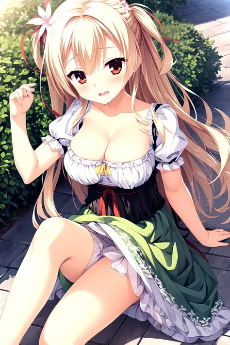 best quality, ultra-detailed, an extremely delicate and beautiful, high resolution, extremely detailed CG, masterpiece,
<lora:amairo_V1_0-000015:0.8>,
yuzu soft, amairo, shirley warwick, 1girl, solo, blonde hair, long hair, red eyes,  hair ribbon,one side up,hair flower,
(wearing detailed dirndl:1.2),
dynamic pose,
(shy face:1.2),,
knee up,
<lora:outline:-0.5>,
 <lora:add_detail:0.3>