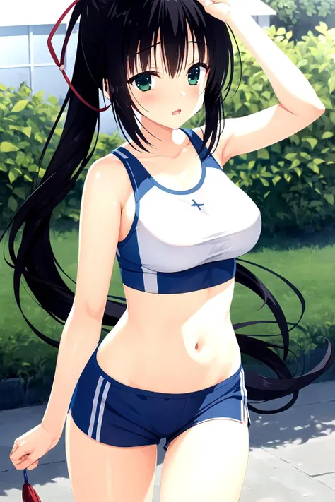 best quality, ultra-detailed, an extremely delicate and beautiful, high resolution, extremely detailed CG, masterpiece,
<lora:amairo_V1_0-000015:0.8>,
yuzu soft, amairo, amagiri yune, 1girl, solo, black hair, long hair, ponytail, green eyes, very long hair, hair ribbon,
short shorts, blue shorts, collarbone, sports bra,midriff, navel,
dynamic pose,cowboy shot,
thinking,
walking,
<lora:outline:-0.5>,