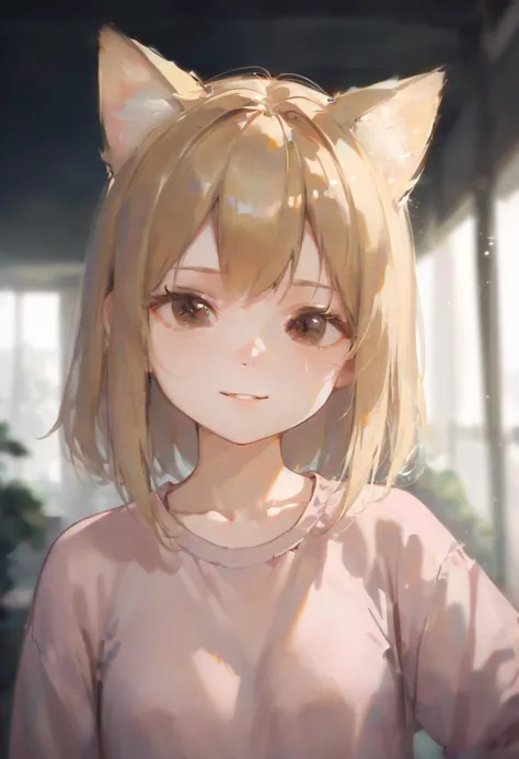 score_9, score_8_up, 1girl, kawaii, animal ears, blonde hair, brown eyes, looking at viewer, upper body, animal ear fluff, pink shirt, blurry, long sleeves, depth of field