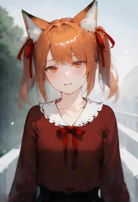 score_9, score_8_up, 1girl, animal ears, solo, twintails, animal ear fluff, looking at viewer, outdoors, upper body, fox ears, orange hair, blurry background, blurry, parted lips, blush, orange eyes, ribbon, shirt, neck ribbon, depth of field, fox girl, collarbone, day, red shirt, frills