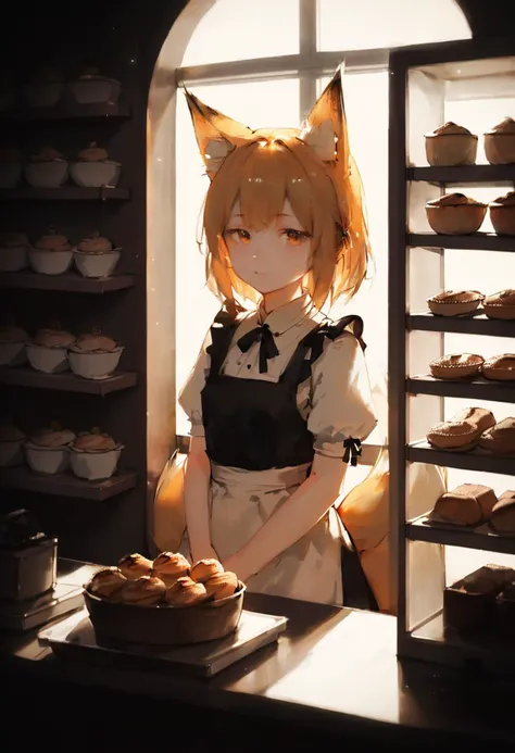 score_9, score_8_up, 1girl, cute, solo, symmetry, straight on, upper body, fox ears, fox tail, kyuubi, multiple tails, small breasts, animal ear fluff, (ear tufts:1.2), maid, pastry, shop, standing, old shop, old interior, cozy, comfy, soft lighting, warm lighting