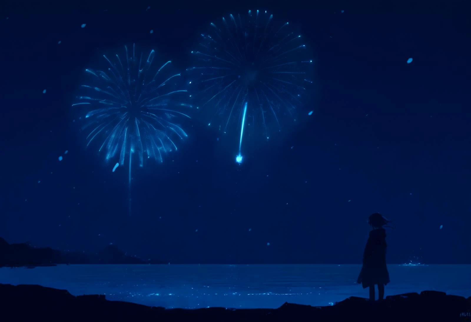 score_9, score_8_up, source_anime, 1girl, cowboy shot, rule of thirds, composition, cinematic, very wide shot, night, night sky, ocean, snowing, facing viewer, head tilt, smile, fireworks, cinematic, cold lighting, blue theme, dark theme, silhouette