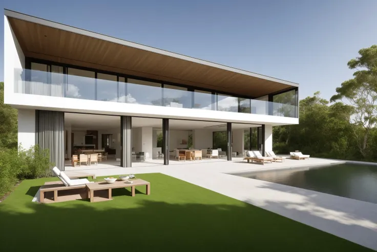 (exterior:1.4) A stunning digital illustration portraying a modern-style villa nestled alongside a serene river, designed by a renowned architect. Drawing inspiration from the works of Bjarke Ingels, the villa seamlessly blends with its surroundings. The illustration showcases the villa's unique architecture, with glass walls and open spaces that invite nature indoors. The color temperature is balanced, enhancing the harmony between the villa and the landscape. The residents' expressions radiate tranquility as they enjoy the waterfront view. Soft, natural lighting bathes the scene in a peaceful ambiance