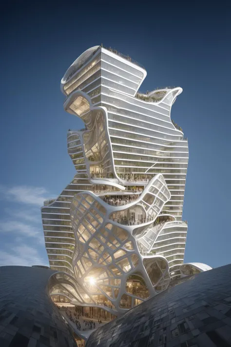 A futuristic and stunningly beautiful high-rise shopping center architectural structure with bold, futuristic design elements, blending seamlessly into the art form of digital illustration. Inspired by the works of Syd Mead. The scene showcases the center amidst a bustling city, its sleek lines contrasting with the urban environment. A warm color temperature adds vibrancy, highlighting the architectural details. Shoppers and visitors exhibit expressions of awe and excitement. Illuminated by soft, diffused lighting, the atmosphere exudes sophistication and promise of tomorrow
(masterpiece),(high quality), best quality, real,(realistic), super detailed, (full detail),(4k),8k,no humans, scenery, building, ((500-meter tall buildings)),outdoors, window, road, sky, street, lamppost, tree, power lines,,Organic modernist architecture, glass curtain walls, interesting shapes, super high-rise buildings in the block