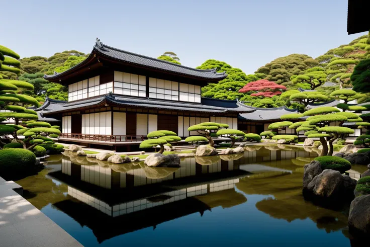 A breathtaking view of the renowned Japanese villa's exterior surrounded by tranquil waters, reflecting its elegance and grandeur. The illustrious villa stands amidst lush greenery, reminiscent of traditional Japanese gardens. The art form chosen for this depiction is photography, captured with a 35mm lens, bringing the exquisite details to life. The color temperature is cool, enhancing the serene ambiance. A subtle smile graces the face of a person standing by, admiring the view. Soft, natural lighting gently illuminates the scene, creating an atmosphere of tranquility and nostalgia