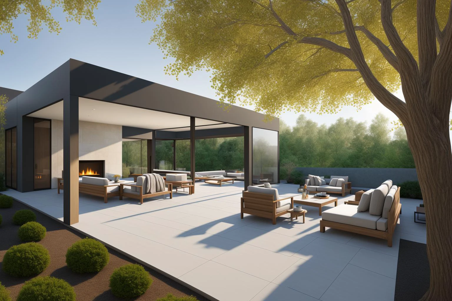 An expansive outdoor living space takes center stage in this digital rendering inspired by the artistic vision of An Zhengwen and the architectural inspiration of ArchDaily. The scene features a stone patio adorned with plush furniture, surrounded by towering trees that frame the background. A majestic tree graces the foreground, its sprawling branches casting dappled shadows across the patio. The digital rendering captures every intricate detail with photorealistic precision, showcasing the play of light and texture on surfaces. The color palette is a harmonious blend of natural hues, creating a serene and inviting ambiance. The lighting mimics the soft glow of late afternoon, highlighting the intricate interplay between light and shadow