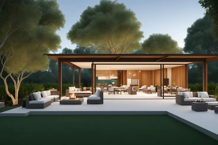 An expansive outdoor living space takes center stage in this digital rendering inspired by the artistic vision of An Zhengwen and the architectural inspiration of ArchDaily. The scene features a stone patio adorned with plush furniture, surrounded by towering trees that frame the background. A majestic tree graces the foreground, its sprawling branches casting dappled shadows across the patio. The digital rendering captures every intricate detail with photorealistic precision, showcasing the play of light and texture on surfaces. The color palette is a harmonious blend of natural hues, creating a serene and inviting ambiance. The lighting mimics the soft glow of late afternoon, highlighting the intricate interplay between light and shadow