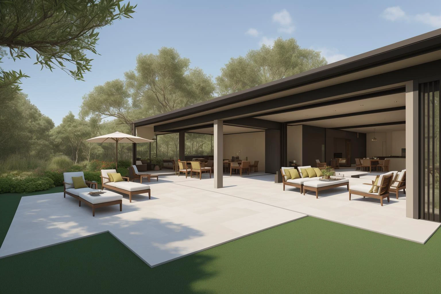 An expansive outdoor living space takes center stage in this digital rendering inspired by the artistic vision of An Zhengwen and the architectural inspiration of ArchDaily. The scene features a stone patio adorned with plush furniture, surrounded by towering trees that frame the background. A majestic tree graces the foreground, its sprawling branches casting dappled shadows across the patio. The digital rendering captures every intricate detail with photorealistic precision, showcasing the play of light and texture on surfaces. The color palette is a harmonious blend of natural hues, creating a serene and inviting ambiance. The lighting mimics the soft glow of late afternoon, highlighting the intricate interplay between light and shadow