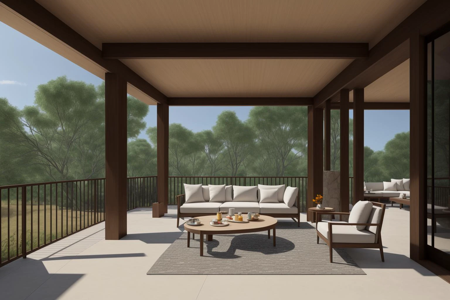 An expansive outdoor living space takes center stage in this digital rendering inspired by the artistic vision of An Zhengwen and the architectural inspiration of ArchDaily. The scene features a stone patio adorned with plush furniture, surrounded by towering trees that frame the background. A majestic tree graces the foreground, its sprawling branches casting dappled shadows across the patio. The digital rendering captures every intricate detail with photorealistic precision, showcasing the play of light and texture on surfaces. The color palette is a harmonious blend of natural hues, creating a serene and inviting ambiance. The lighting mimics the soft glow of late afternoon, highlighting the intricate interplay between light and shadow