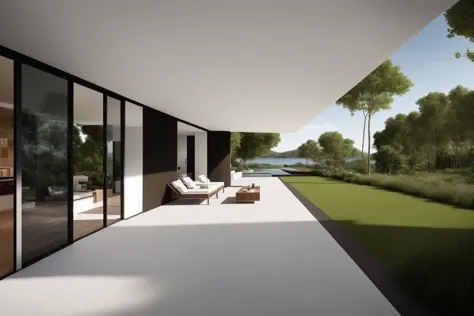 (exterior:1.4) A stunning digital illustration portraying a modern-style villa nestled alongside a serene river, designed by a renowned architect. Drawing inspiration from the works of Bjarke Ingels, the villa seamlessly blends with its surroundings. The illustration showcases the villa's unique architecture, with glass walls and open spaces that invite nature indoors. The color temperature is balanced, enhancing the harmony between the villa and the landscape. The residents' expressions radiate tranquility as they enjoy the waterfront view. Soft, natural lighting bathes the scene in a peaceful ambiance