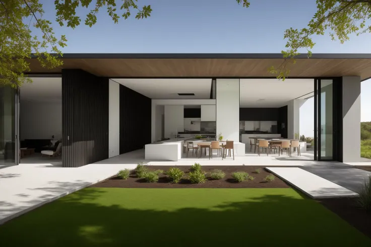 (exterior:1.4) A stunning digital illustration portraying a modern-style villa nestled alongside a serene river, designed by a renowned architect. Drawing inspiration from the works of Bjarke Ingels, the villa seamlessly blends with its surroundings. The illustration showcases the villa's unique architecture, with glass walls and open spaces that invite nature indoors. The color temperature is balanced, enhancing the harmony between the villa and the landscape. The residents' expressions radiate tranquility as they enjoy the waterfront view. Soft, natural lighting bathes the scene in a peaceful ambiance