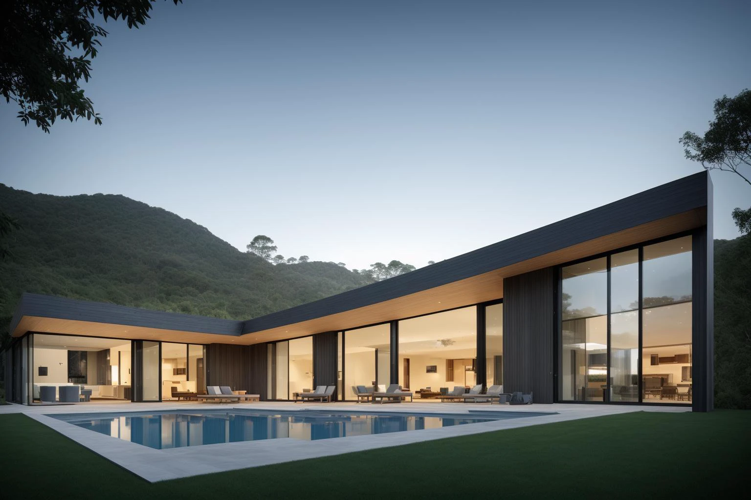 (exterior:1.4) A stunning digital illustration portraying a modern-style villa nestled alongside a serene river, designed by a renowned architect. Drawing inspiration from the works of Bjarke Ingels, the villa seamlessly blends with its surroundings. The illustration showcases the villa's unique architecture, with glass walls and open spaces that invite nature indoors. The color temperature is balanced, enhancing the harmony between the villa and the landscape. The residents' expressions radiate tranquility as they enjoy the waterfront view. Soft, natural lighting bathes the scene in a peaceful ambiance