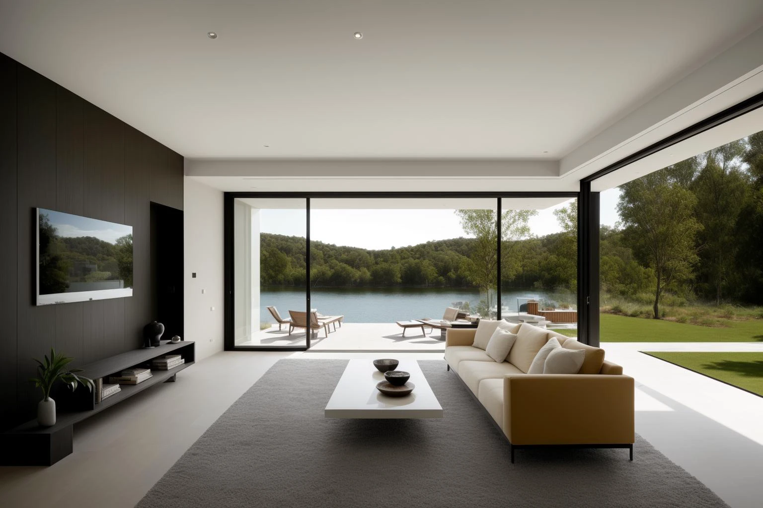(exterior:1.4) A stunning digital illustration portraying a modern-style villa nestled alongside a serene river, designed by a renowned architect. Drawing inspiration from the works of Bjarke Ingels, the villa seamlessly blends with its surroundings. The illustration showcases the villa's unique architecture, with glass walls and open spaces that invite nature indoors. The color temperature is balanced, enhancing the harmony between the villa and the landscape. The residents' expressions radiate tranquility as they enjoy the waterfront view. Soft, natural lighting bathes the scene in a peaceful ambiance