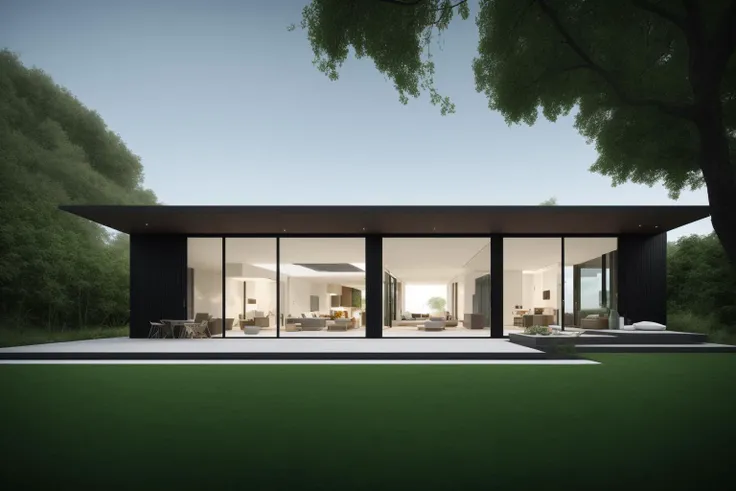 (exterior:1.4) A stunning digital illustration portraying a modern-style villa nestled alongside a serene river, designed by a renowned architect. Drawing inspiration from the works of Bjarke Ingels, the villa seamlessly blends with its surroundings. The illustration showcases the villa's unique architecture, with glass walls and open spaces that invite nature indoors. The color temperature is balanced, enhancing the harmony between the villa and the landscape. The residents' expressions radiate tranquility as they enjoy the waterfront view. Soft, natural lighting bathes the scene in a peaceful ambiance