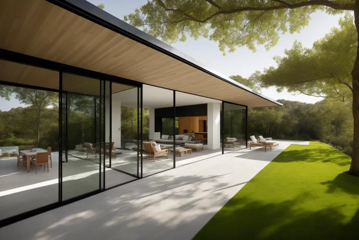 (exterior:1.4) A stunning digital illustration portraying a modern-style villa nestled alongside a serene river, designed by a renowned architect. Drawing inspiration from the works of Bjarke Ingels, the villa seamlessly blends with its surroundings. The illustration showcases the villa's unique architecture, with glass walls and open spaces that invite nature indoors. The color temperature is balanced, enhancing the harmony between the villa and the landscape. The residents' expressions radiate tranquility as they enjoy the waterfront view. Soft, natural lighting bathes the scene in a peaceful ambiance