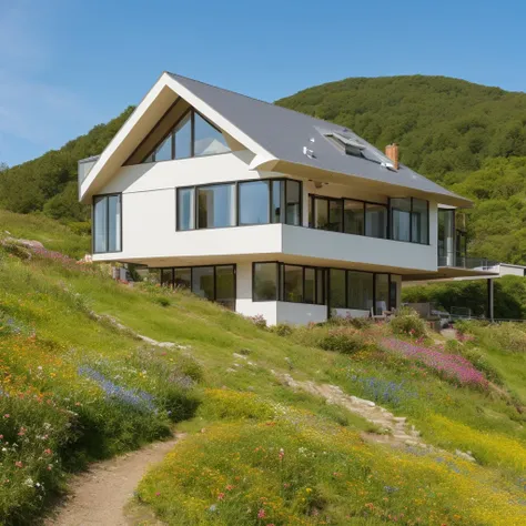 a small and beautiful modern house on a slope of a green hill, the hill has millions of tiny colorful wild flowers, blue sky as background, high details, masterpiece, highres, best quality, photo realistic, hyper detailed photo