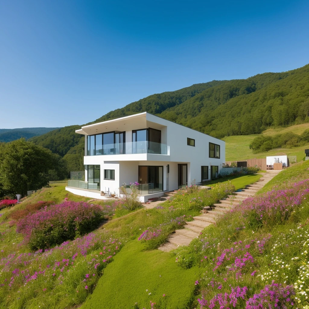 a small and beautiful modern house on a slope of a green hill, the hill has millions of tiny colorful wild flowers, blue sky as background, high details, masterpiece, highres, best quality, photo realistic, hyper detailed photo