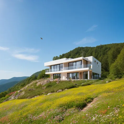 a small and beautiful modern house on a slope of a green hill, the hill has millions of tiny colorful wild flowers, blue sky as background, high details, masterpiece, highres, best quality, photo realistic, hyper detailed photo