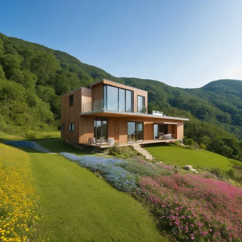 a small and beautiful modern house on a slope of a green hill, the hill has millions of tiny colorful wild flowers, blue sky as background, high details, masterpiece, highres, best quality, photo realistic, hyper detailed photo