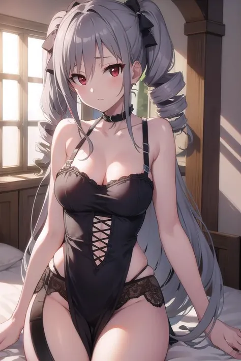 rankokanzaki, <lora:rankotest:1>, ranko, (drill hair:1.5), grey hair, long hair, pale skin, (red eyes:1.5), twin drills,
BREAK lingerie,
BREAK indoors, bed,
BREAK looking at viewer,
BREAK <lora:GoodHands-vanilla:1>, (masterpiece:1.2), best quality, high resolution, unity 8k wallpaper, (illustration:0.8), (beautiful detailed eyes:1.6), extremely detailed face, perfect lighting, extremely detailed CG, (perfect hands, perfect anatomy),