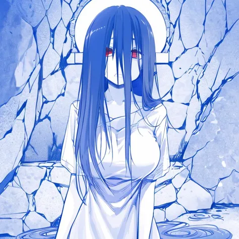 ((masterpiece)),(best quality), absurdres,sadako_yamamura,red eyes, white dress,<lora:Sadakobest:0.8>,  <lora:KisekiHimuraLocon_kisekiHimura4Locon:1>,monochrome,blue theme,breasts,