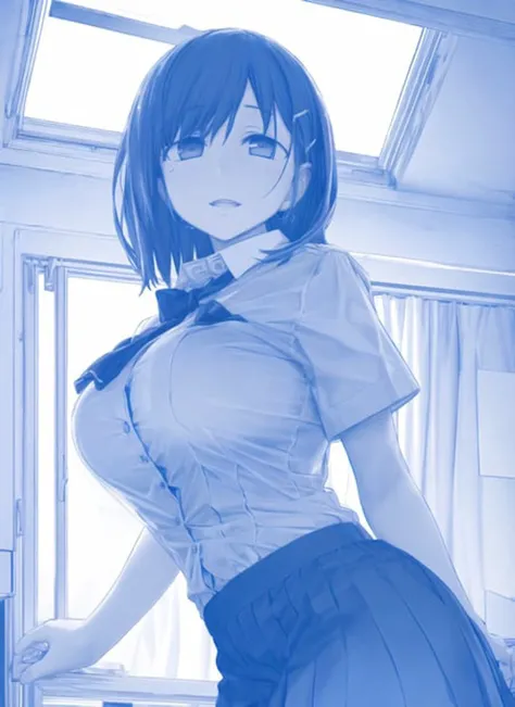 monochrome,blue theme,large breasts,masterpiece, best quality, ultra-detailed, illustration, disheveled hair, dynamic_angle, intricate_details, detailed *sth*, delicate_facial_features, sidelighting,lightblue_hair, lightblue_eyes, short_hair, bangs, beautiful_eyes, 1girl, solo, cowboy_shot, school_uniform, looking at viewer, collapsed_classroom, hairclip, nebula, cloud, flat_color, windows, ,<lora:Kiseki-Himura4:1>