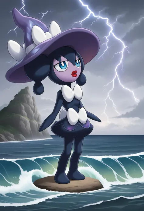 gothorita, pokemon \(creature\), blue eyes, twintails, blue hair, white bow, white hair bow, red lips, two-tone skin, jitome, hair between eyes,
1girl, solo, wizard, storm, ship, sea, waves, lightning, wizard hat, wizard robe, blue purple star dress, rock, sun hat, surfing
contrast, moody, chiaroscuro, light, dark, close-up,
<lora:GothoritaPony:0.8>