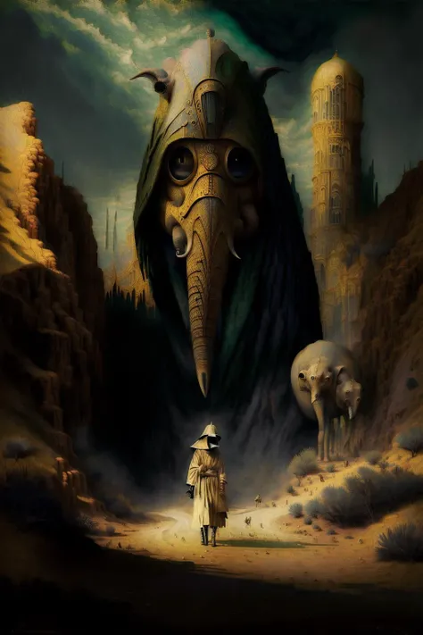 ((high quality, masterpiece:1.4)), arcane druid in robes and gas mask crossing the desert with a large creature that looks like an elephant, saddle, gold chains, ornate, sand, blue sky, simple compsition, oil painting style, oil painting, oil painting style, oil painting, high details, intricate, intricate details, extreme details, realistic pupils, realistic proportion eyes, realistic proportions pupils, realistic shadows, <lora:surrealismaiLora_surrealismaiV10:1>surrealismai