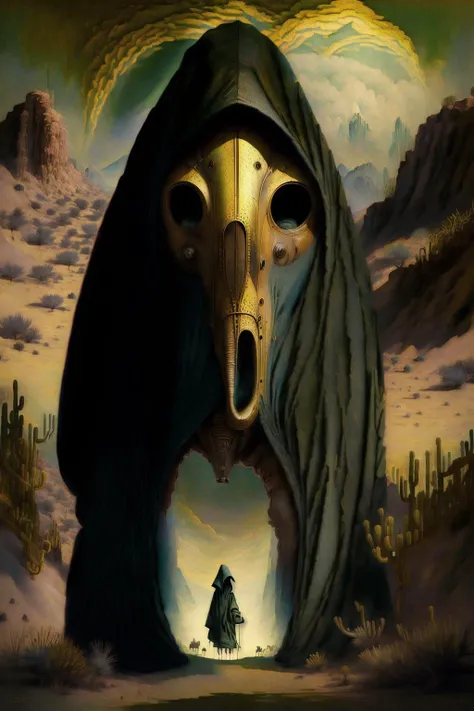 ((high quality, masterpiece:1.4)), hooded figure in robes and gas mask crossing the desert with a large creature that looks like an elephant, saddle, gold chains, ornate, sand, blue sky, simple compsition, oil painting style, oil painting, oil painting style, oil painting, high details, intricate, intricate details, extreme details, realistic pupils, realistic proportion eyes, realistic proportions pupils, realistic shadows, brightly lit <lora:surrealismaiLora_surrealismaiV10:1> surrealismai moebius