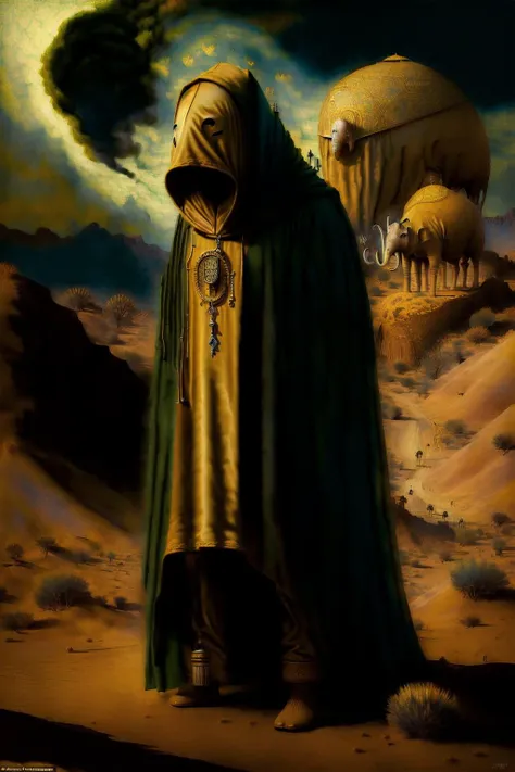((high quality, masterpiece:1.4)), hooded figure in robes and gas mask crossing the desert with a large creature that looks like an elephant, saddle, gold chains, ornate, sand, blue sky, simple composition, high details, intricate, intricate details, extreme details, realistic shadows, brightly lit <lora:surrealismaiLora_surrealismaiV10:1> surrealismai