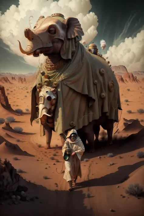 druid in robes and gas masks crossing the desert with a large creature that looks like an elephant, saddle, gold chains, sand, blue sky, <lora:surrealismaiLora_surrealismaiV10:1>surrealismai