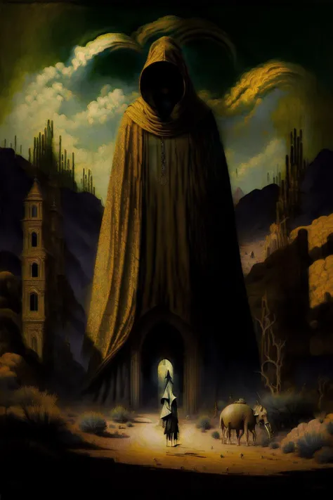 ((high quality, masterpiece:1.4)), hooded figure in robes and gas mask crossing the desert with a large creature that looks like an elephant, saddle, gold chains, ornate, sand, blue sky, simple compsition, oil painting style, oil painting, oil painting style, oil painting, high details, intricate, intricate details, extreme details, realistic pupils, realistic proportion eyes, realistic proportions pupils, realistic shadows, brightly lit <lora:surrealismaiLora_surrealismaiV10:1> surrealismai