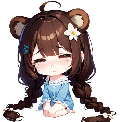 delicate, masterpiece, beautiful detailed, colourful, finely detailed, 1girl, solo,chibi ,night,brown hair,bear ears,twin braids, waner , hair_ornament, long_hair ,crying ,sad , tearing up, <lora:waner_ada20:0.8> , simple background, sleepwear,
