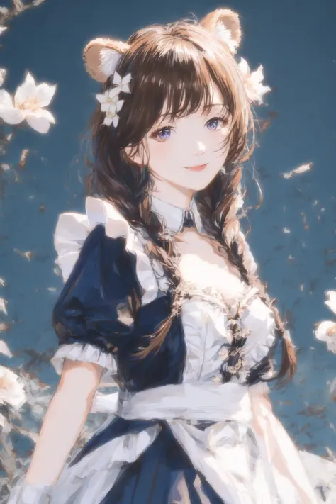 brown hair,delicate, masterpiece, beautiful detailed, colourful, finely detailed,lens flare,  <lora:waner_adamw8b:0.8>,twin braids, waner:1.5,bear ears,1girl, animal_ears, blue_dress, bow, breasts, brown_hair, cleavage, dress, flower, hair_flower, hair_ornament, hairband, holding, long_hair, looking_at_viewer, maid, open_mouth, puffy_short_sleeves, puffy_sleeves, short_sleeves, simple_background, smile, solo, white_background, white_flower,large breasts,
