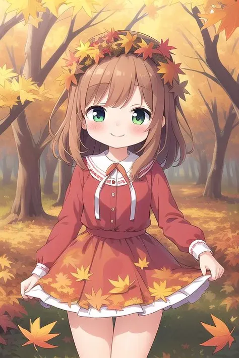 masterpiece,ultra detail,best quality,1girl,blush,shy,smile,items on skirt,leaves on skirt,autumn forest, <lora:items_on_the_skirt:0.8>,many autumnleaves,legs