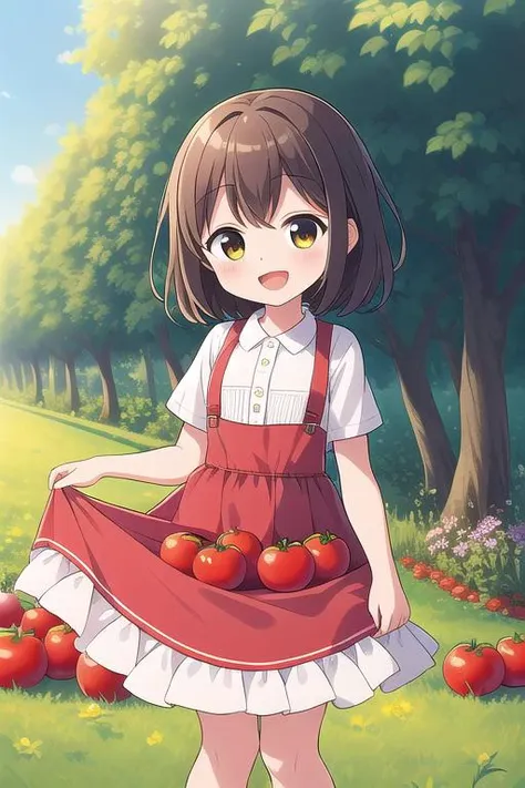 masterpiece,ultra detail,best quality,1girl,smile,open mouth,items on skirt,tomatos on skirt.vegetable field, <lora:items_on_the_skirt:0.8>,three tomatos