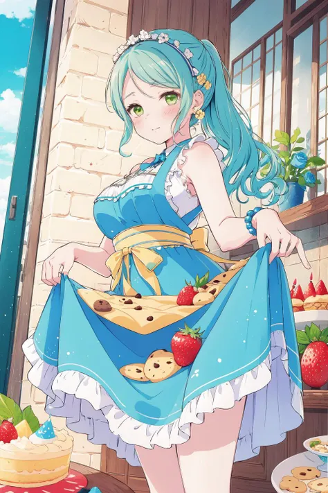 best quality, masterpiece, ((((film grain)))),skirt holding,(skirt lift:1.2),outdoors, cafe,table, indoors,
,upper body, (close-up:1.2), ,,items on skirt,cookie, (cookie on skirt:1.2),hand on hip,
1girl,solo,,standing,, looking at viewer, from above,hikawa sayo, blush ,( tsundere:1.2),
dress, bow, ribbon, bare shoulders, jewelry, green eyes, ponytail, flower, hair bow, earrings, frills, food, sleeveless, hairclip, hair flower,maid apron, , bracelet, cup, aqua hair, fruit, sleeveless dress, blue dress, swept bangs, rable, frilled dress, o yellow bow, plateteacup, cake, beads, blue flower, strawberry, back bow, blue rose, teapot, layered dress, balloon, birthday, multicolored dress,